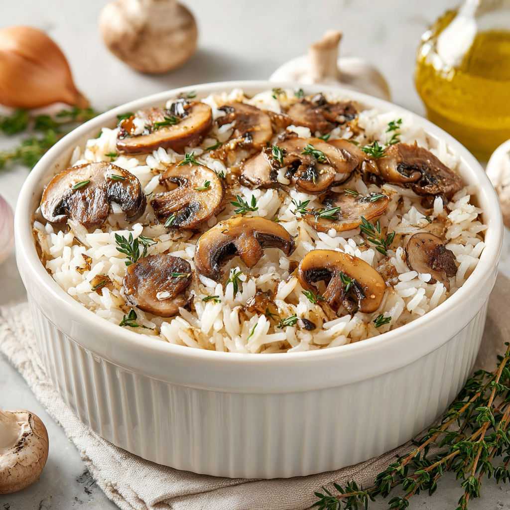A white bowl filled with rice and mushrooms.