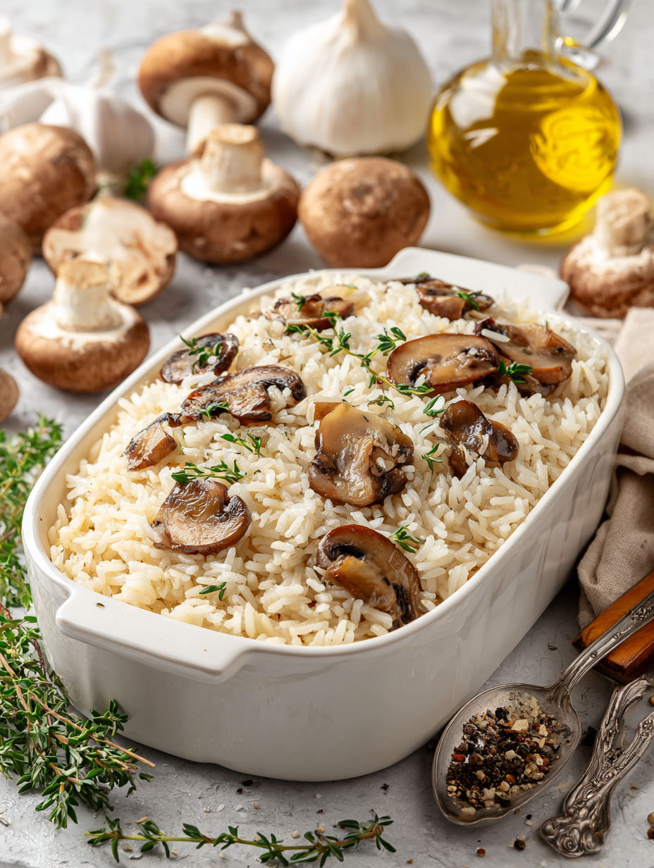 A white bowl filled with rice and mushrooms.