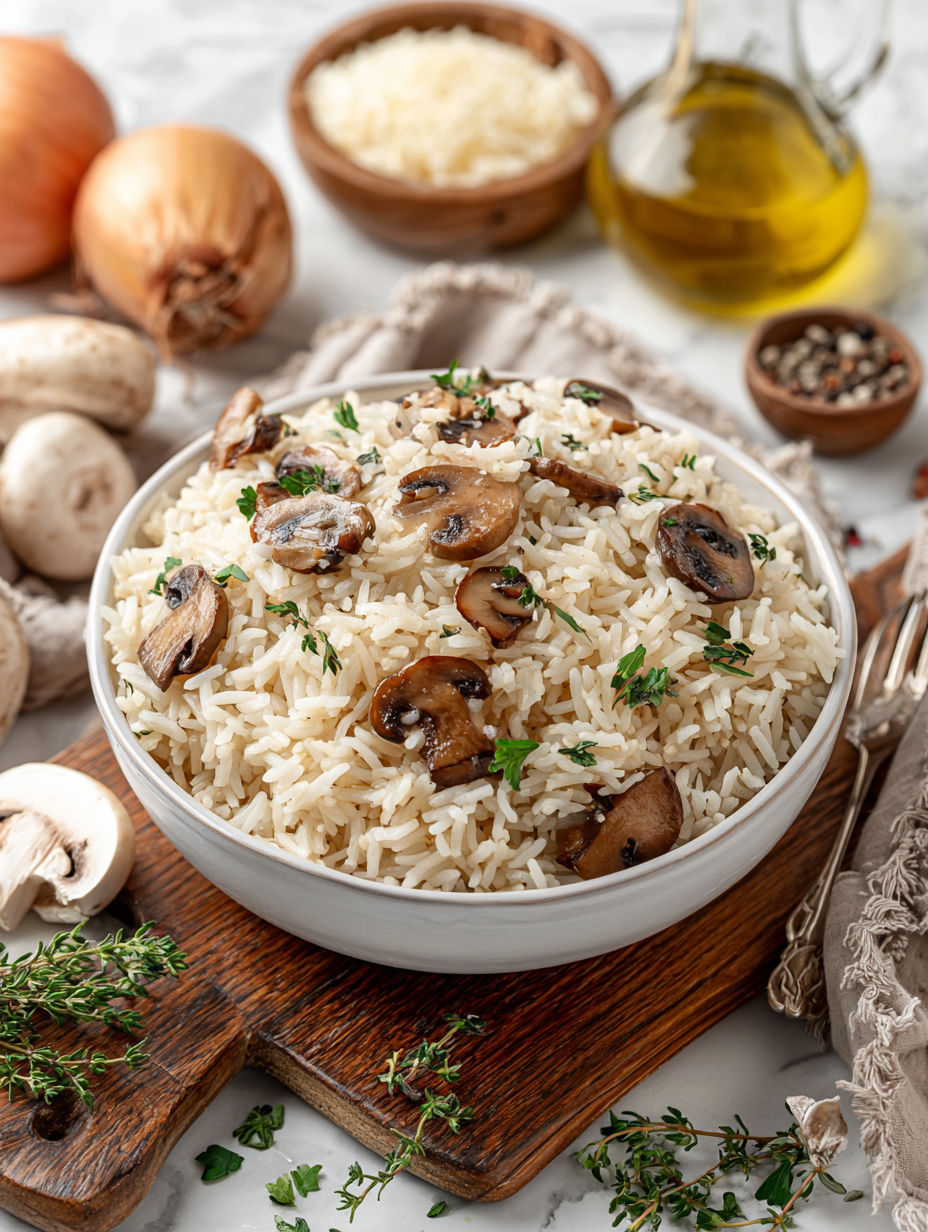 A bowl of rice with mushrooms and herbs.