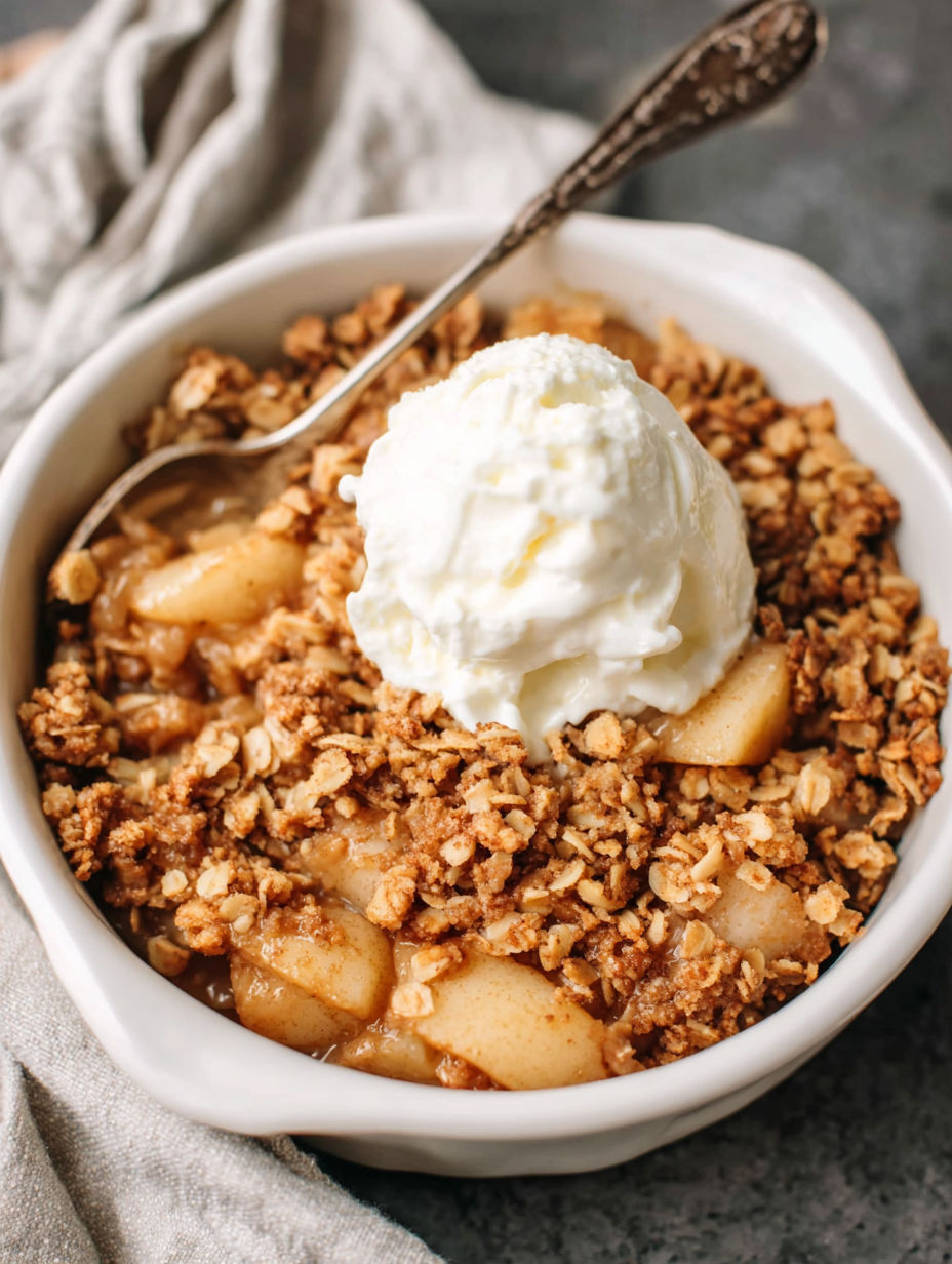 A bowl of cinnamon-spiced pear crisp with a dollop of whipped cream on top.