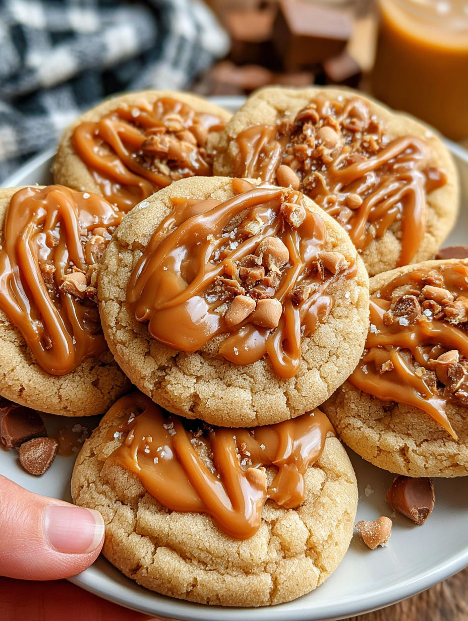 A plate of cookies with caramel drizzle.