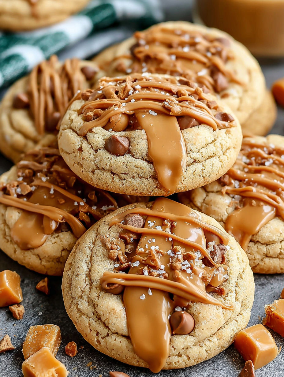 A stack of cookies with caramel drizzle and chocolate chips.