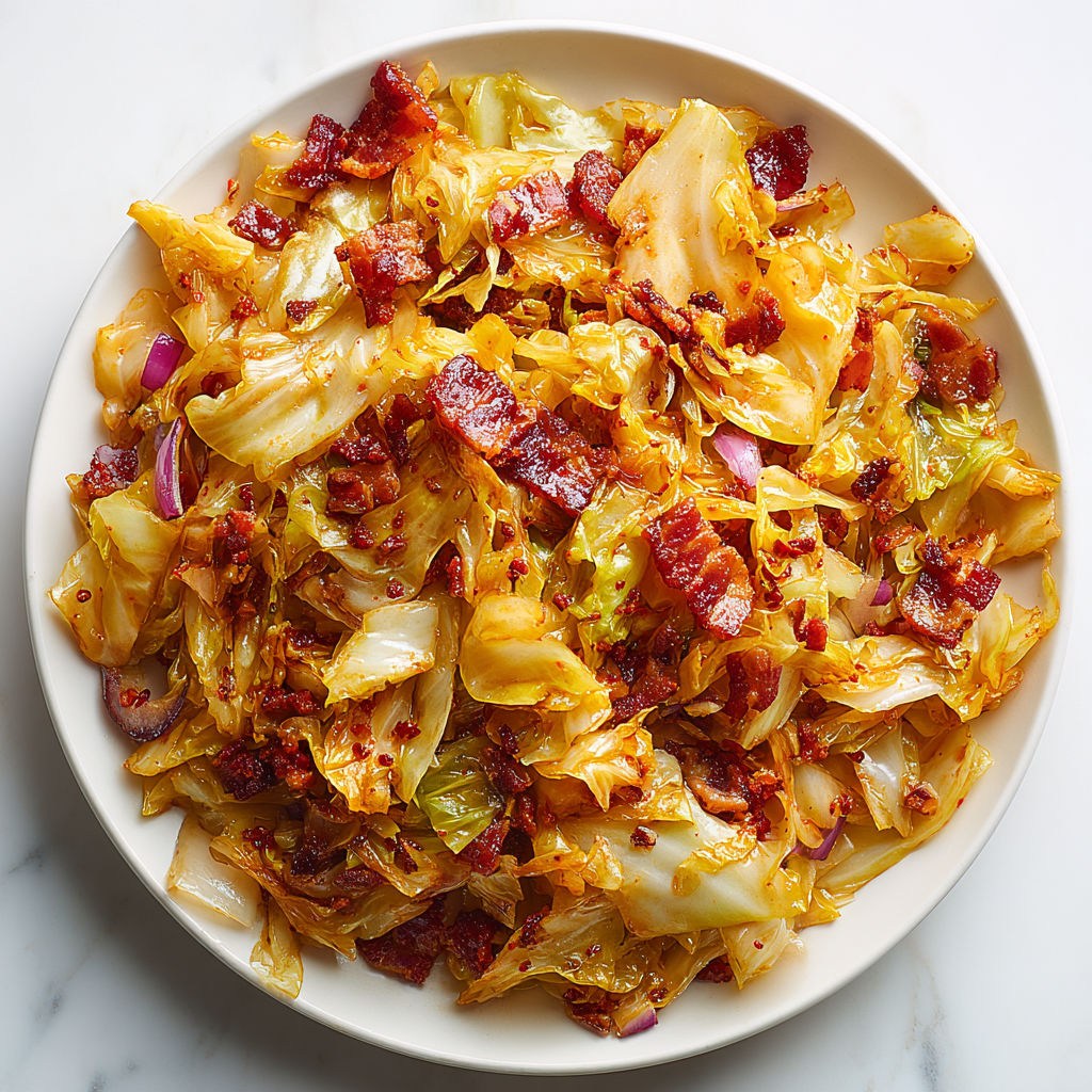 A plate of fried cabbage with bacon.