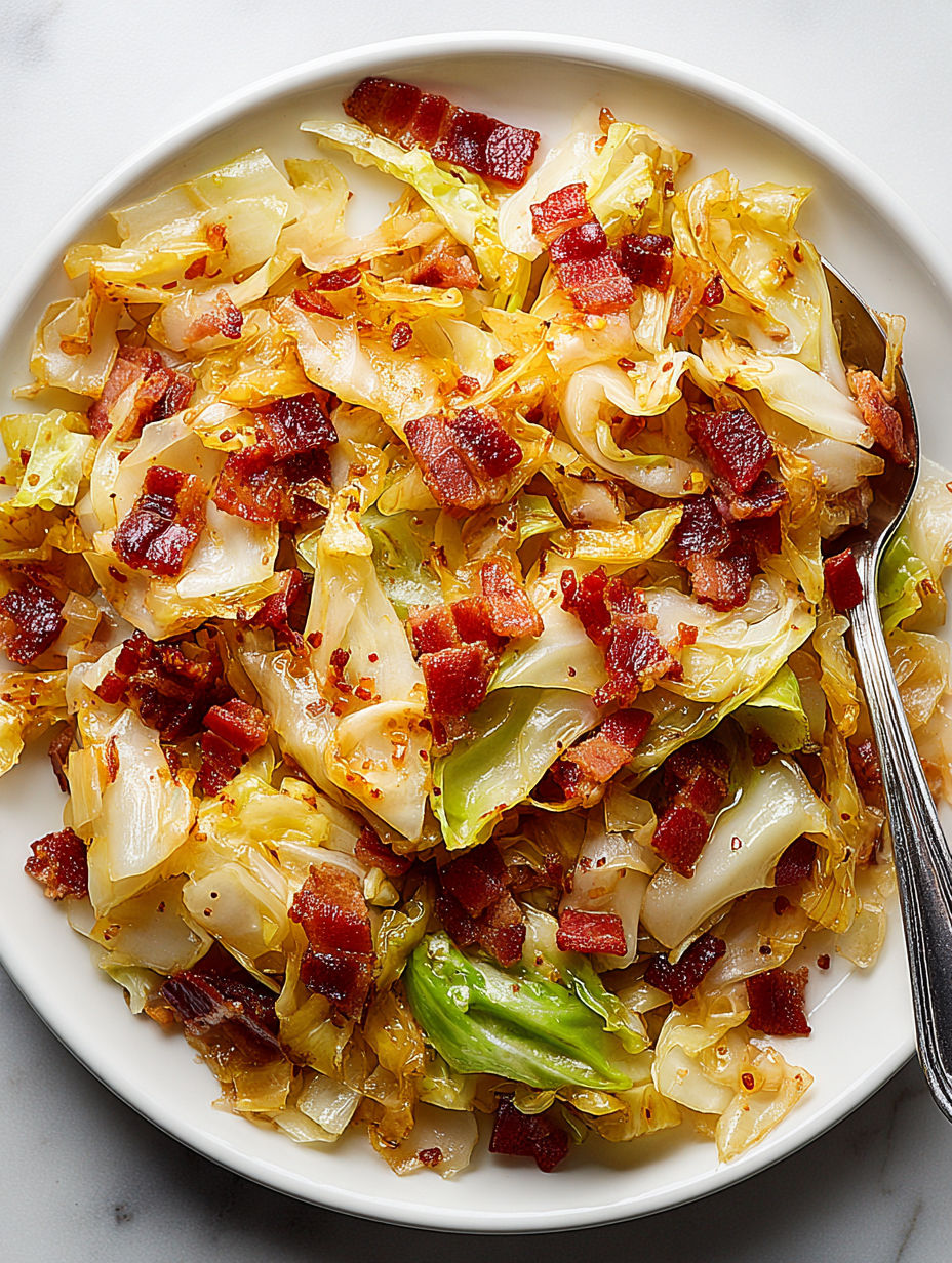 A plate of fried cabbage with bacon.