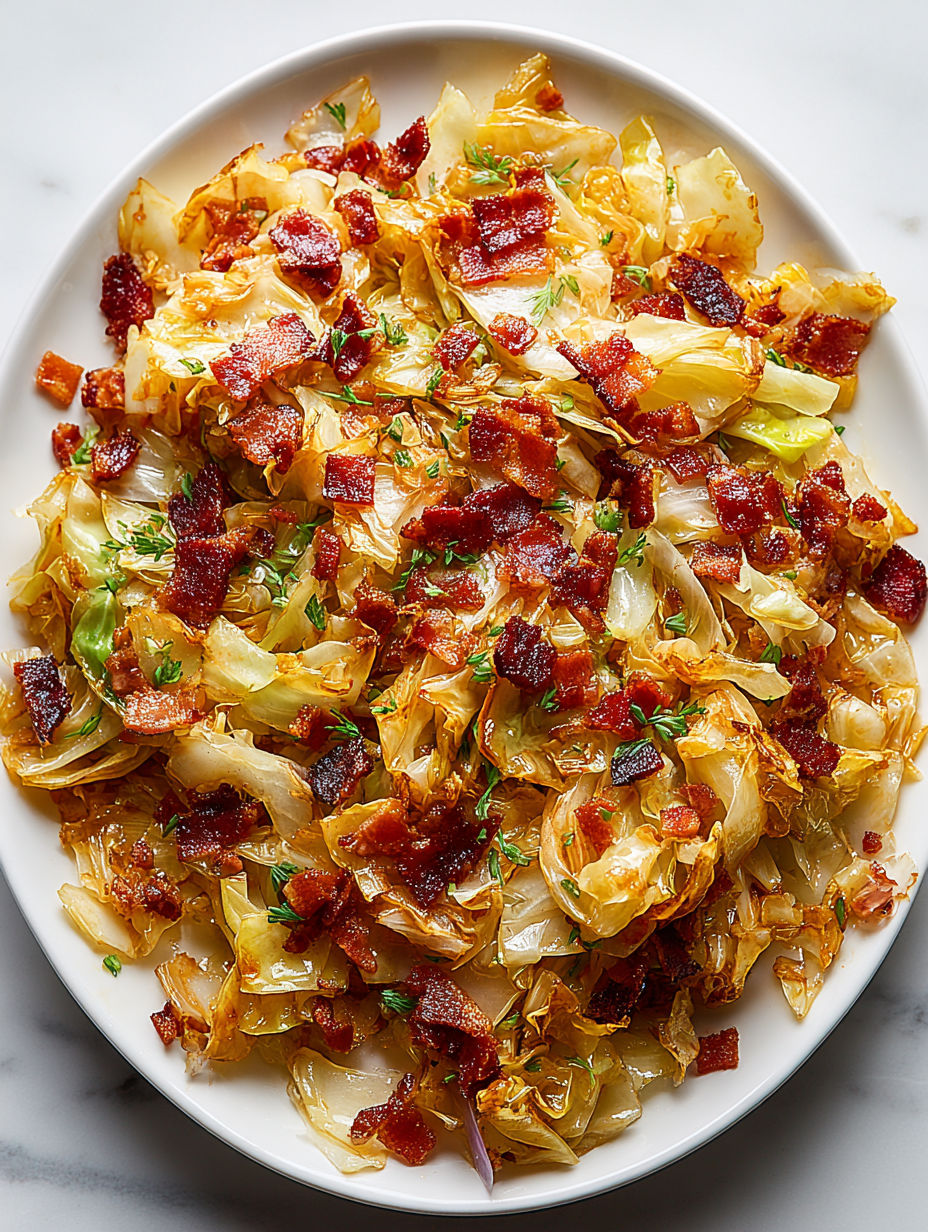 A plate of fried cabbage with bacon.