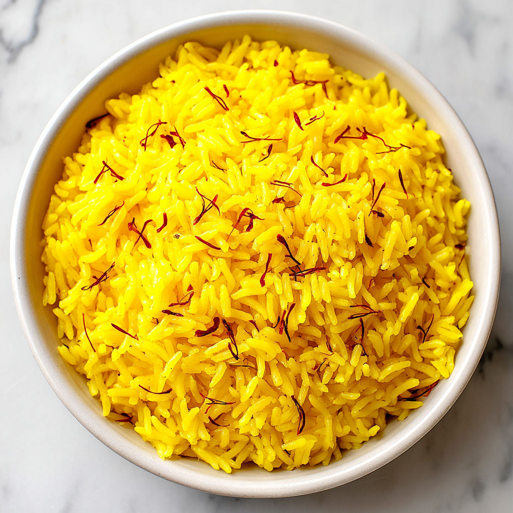A bowl of yellow rice with saffron.