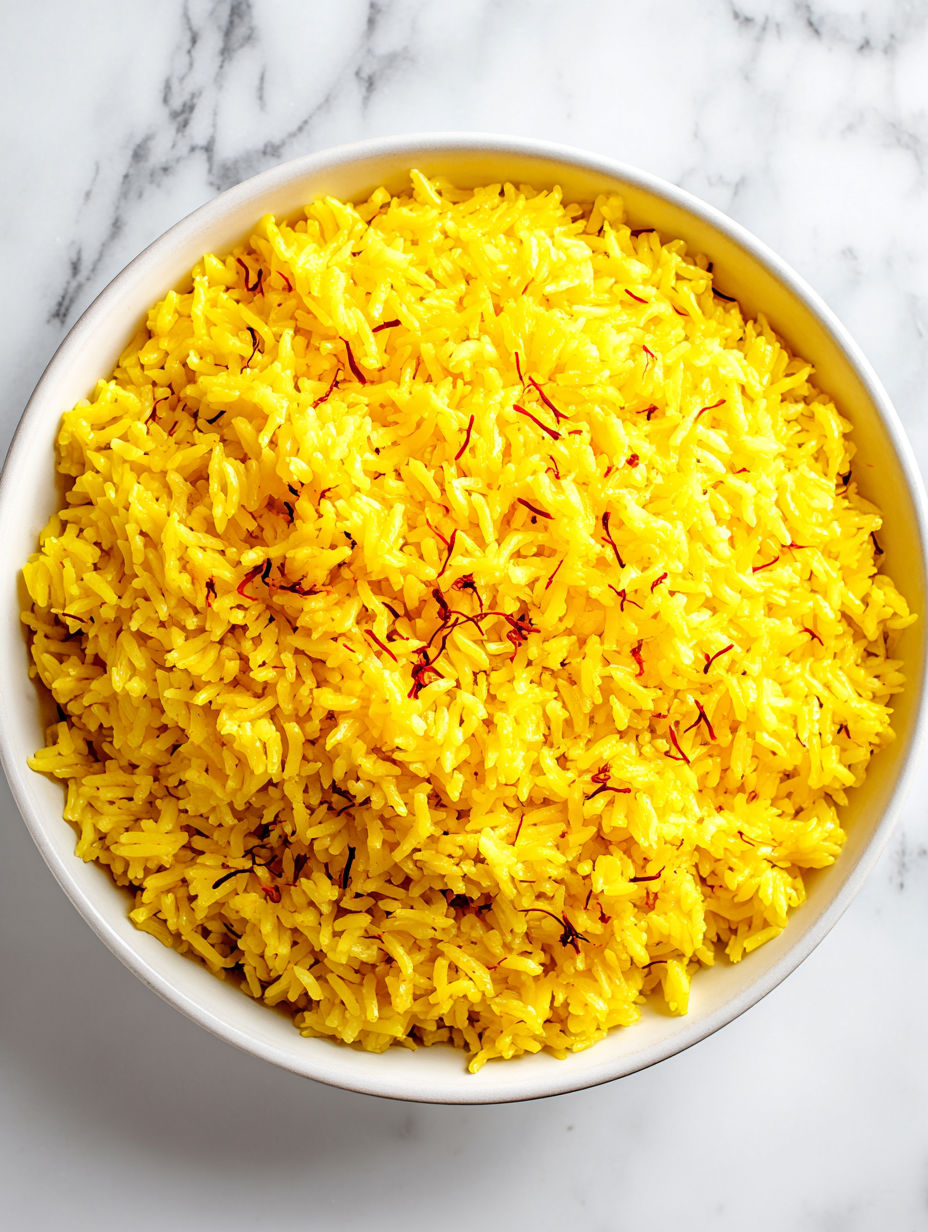 A bowl of yellow rice with saffron.