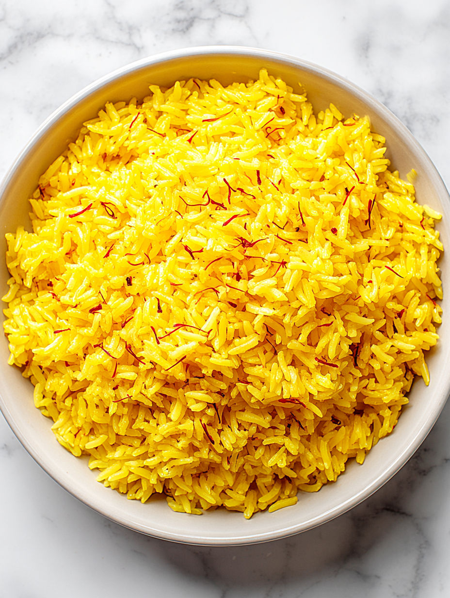 A bowl of yellow rice with red saffron.