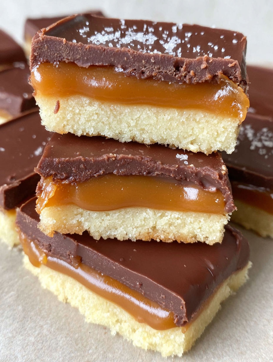 A stack of cake bars with caramel topping.