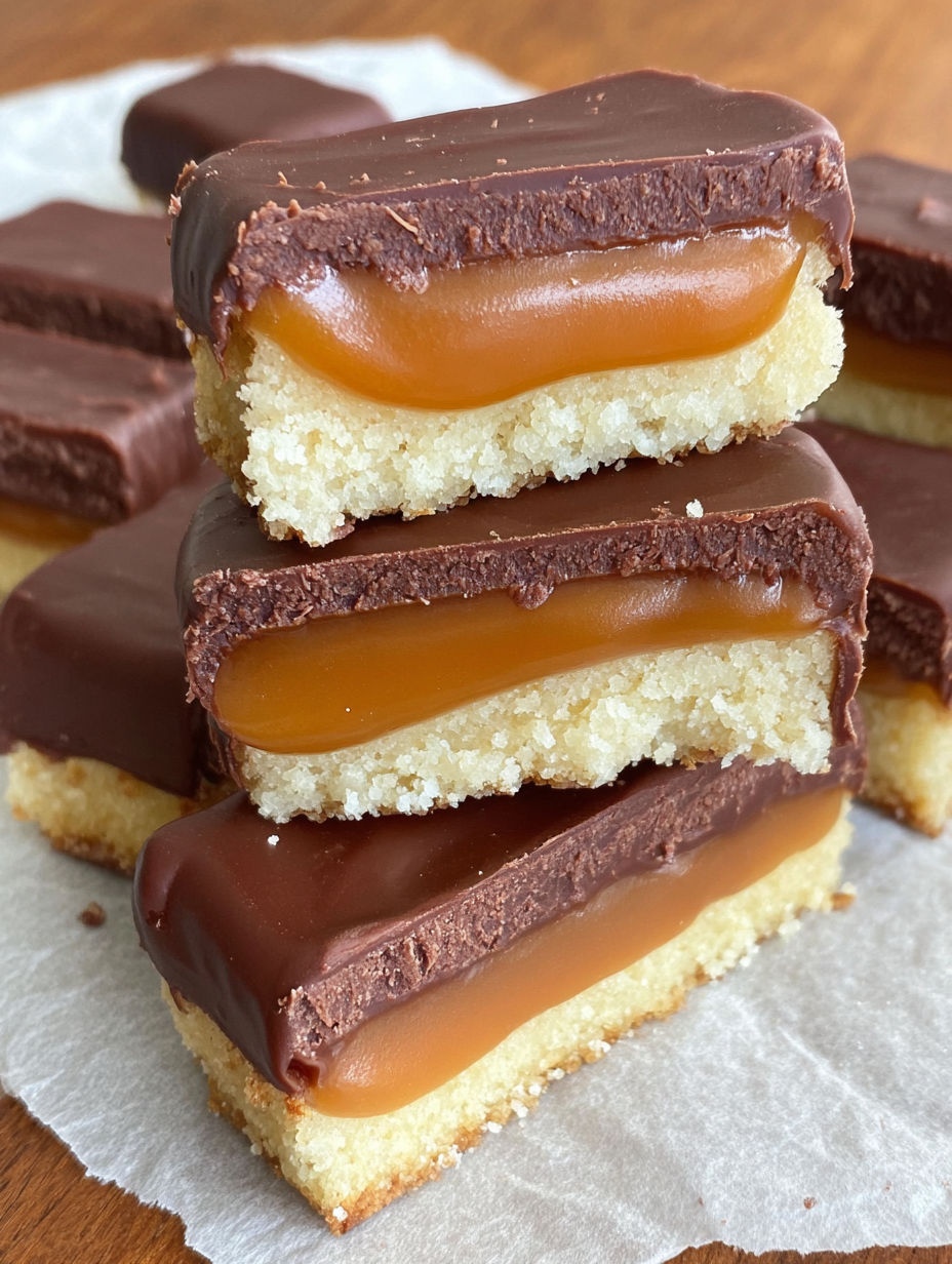 A stack of chocolate and caramel desserts.