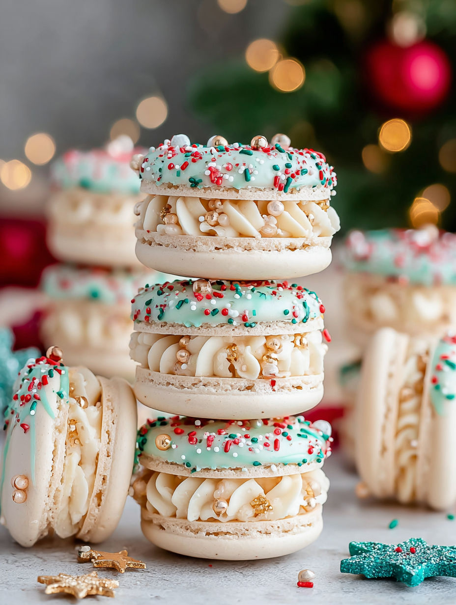 A stack of cookies with white frosting and sprinkles.