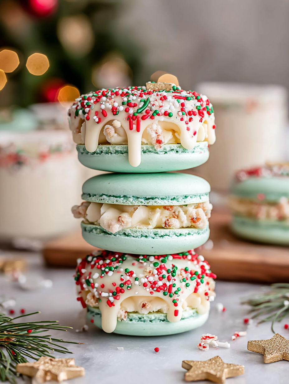 A stack of green and white cookies with white frosting and sprinkles.