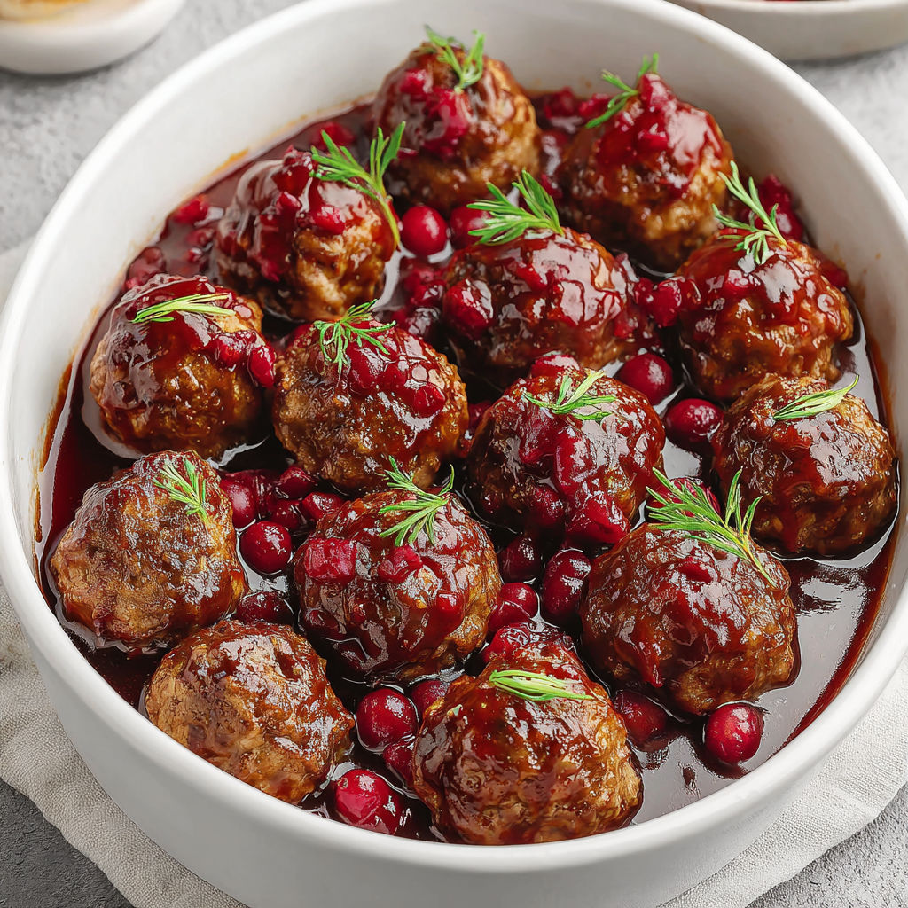 A bowl of meatballs in a cranberry sauce.