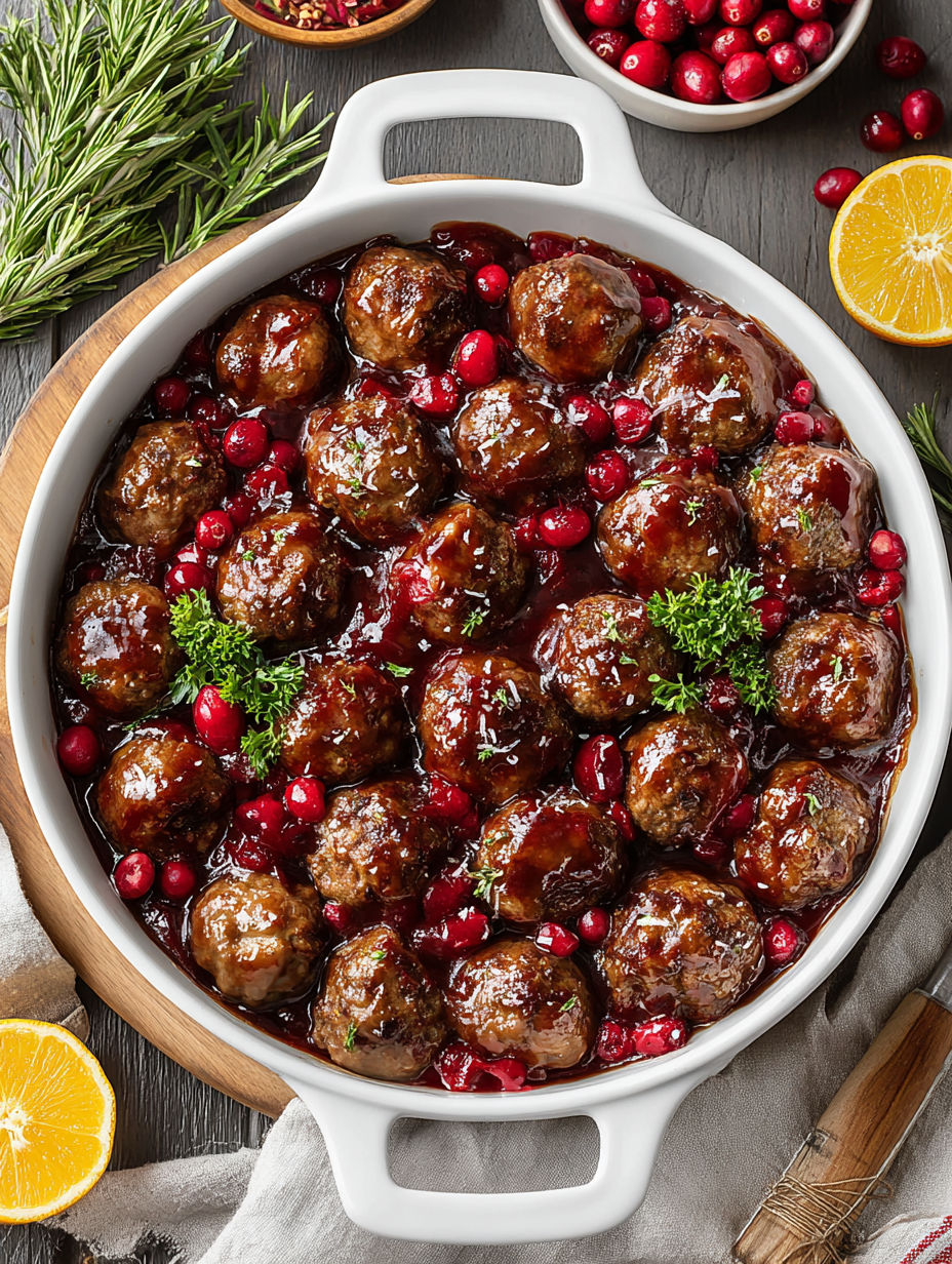 A bowl of meatballs in a cranberry sauce.