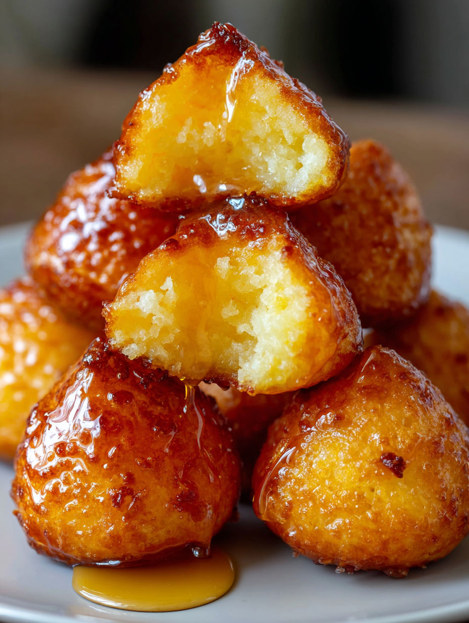 A stack of honey-glazed cornbread poppers.