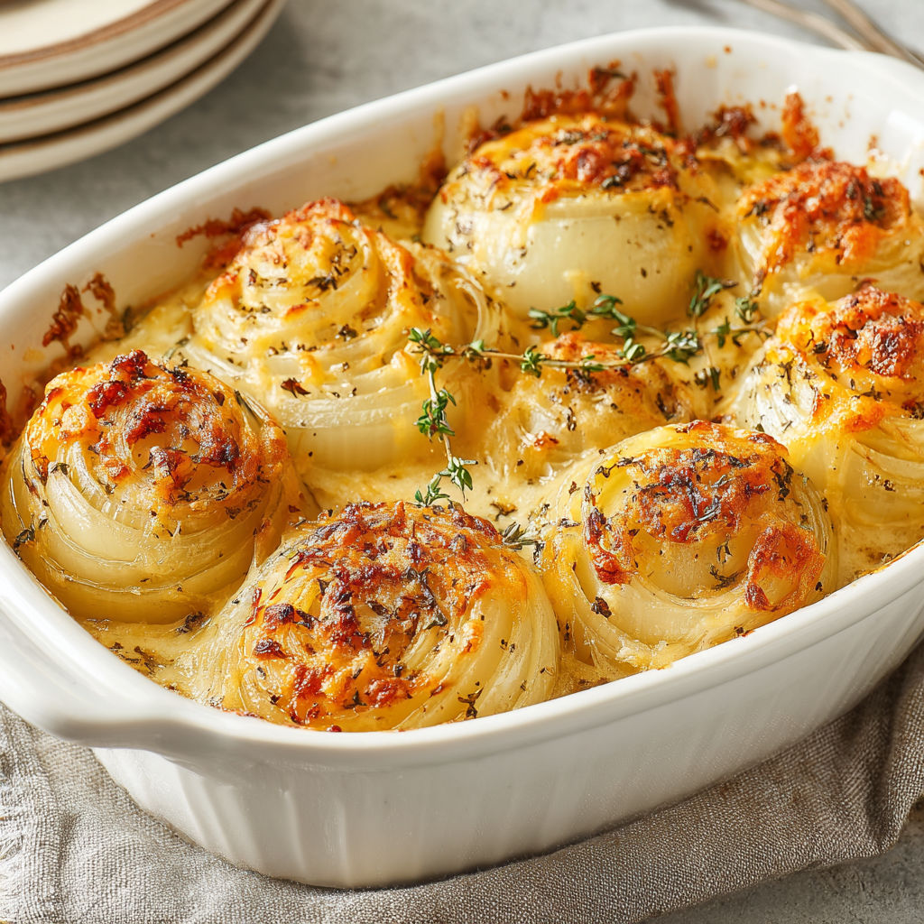 A white bowl filled with a cheesy baked onion casserole.