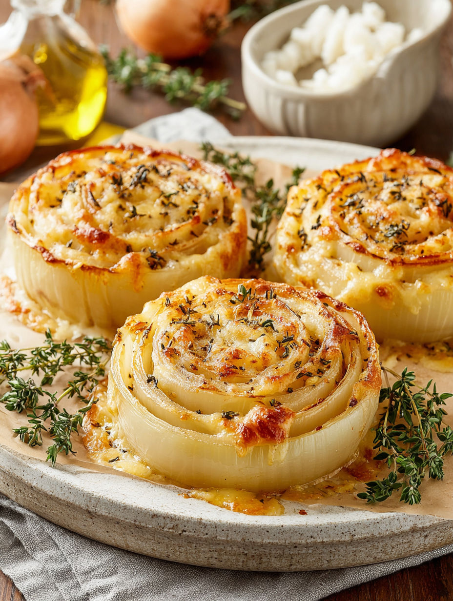 Three baked onions with cheese on a plate.