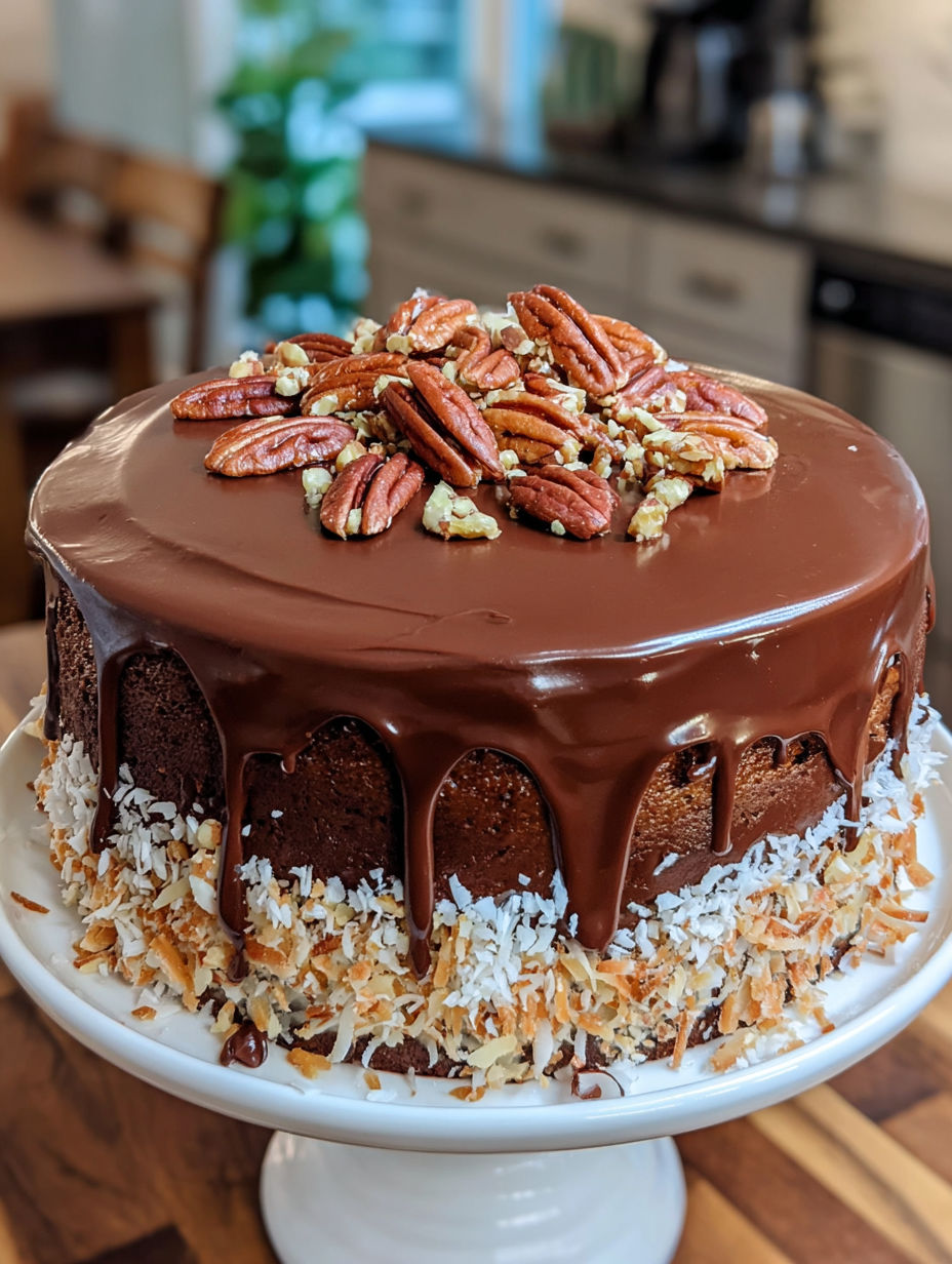 A German Chocolate Cake with chocolate icing and nuts.