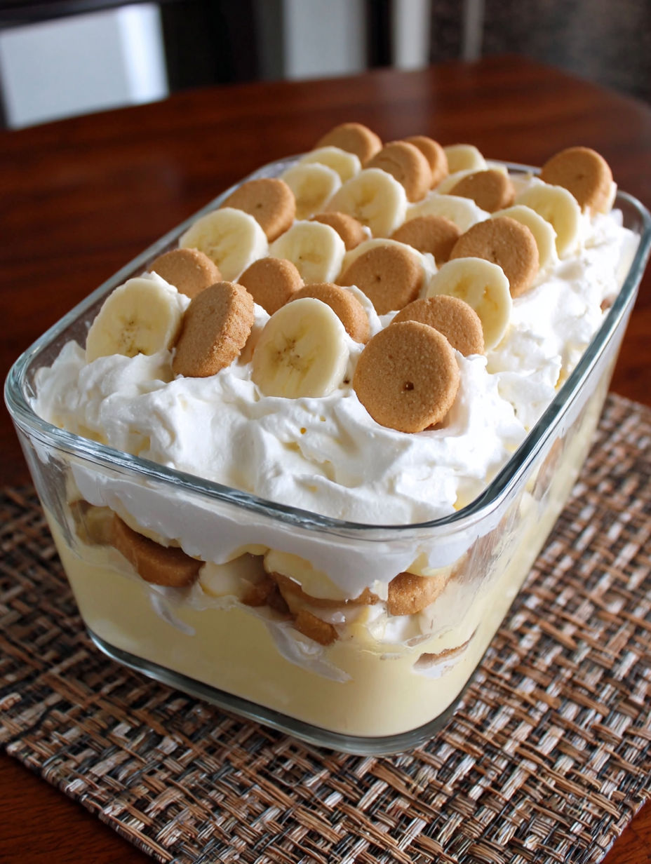 A glass bowl of banana pudding with cookies on top.