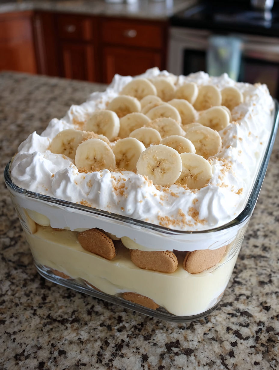 A glass dish filled with banana pudding.