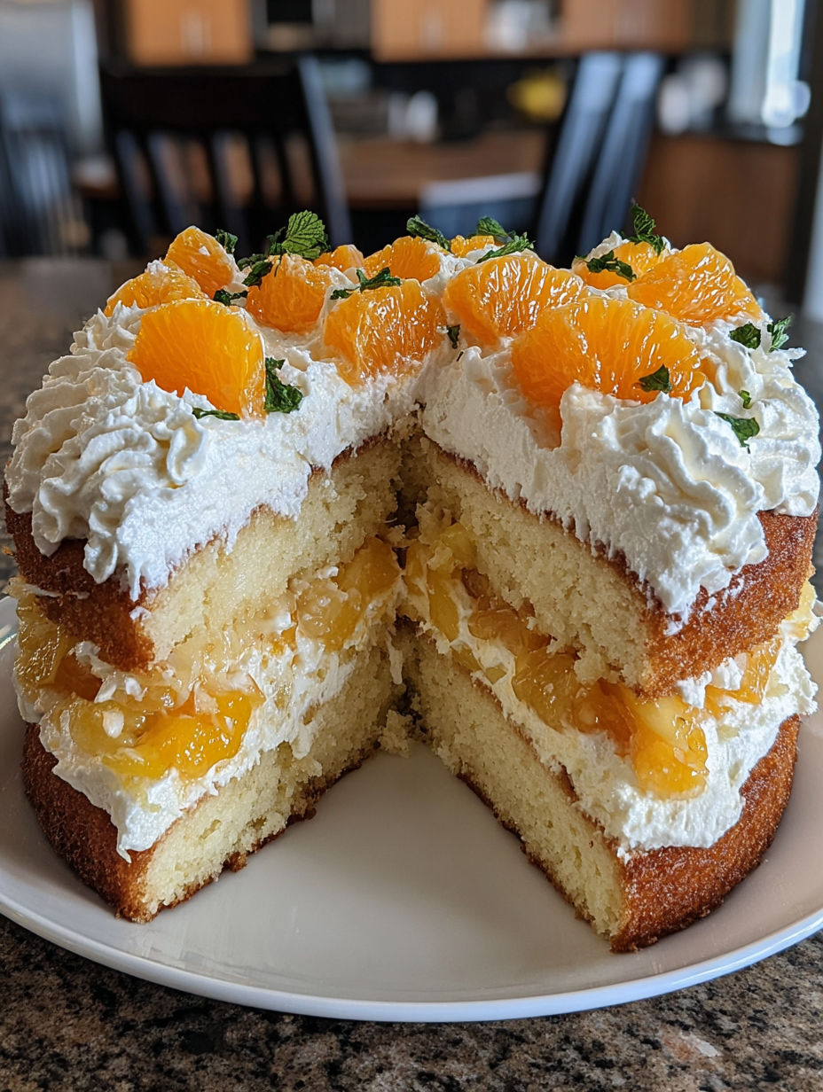 A slice of a cake with oranges and pineapple.
