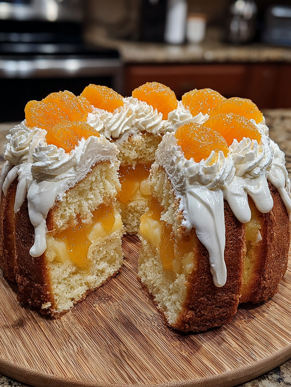 A slice of a cake with orange and pineapple toppings.