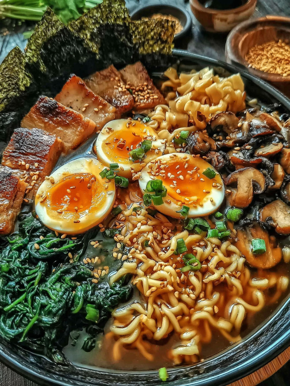 A bowl of Asian food with eggs, mushrooms, and noodles.