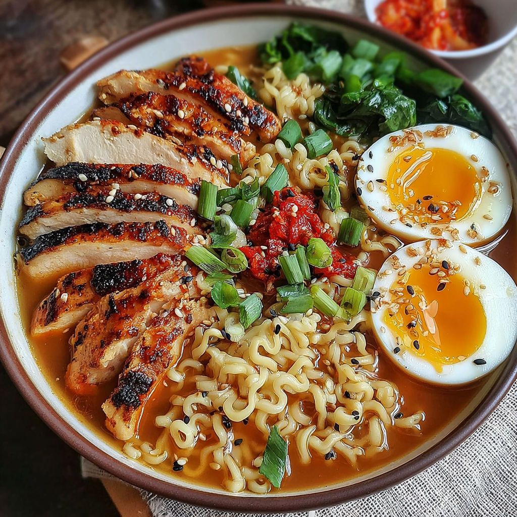 A bowl of ramen with chicken, noodles, and vegetables.