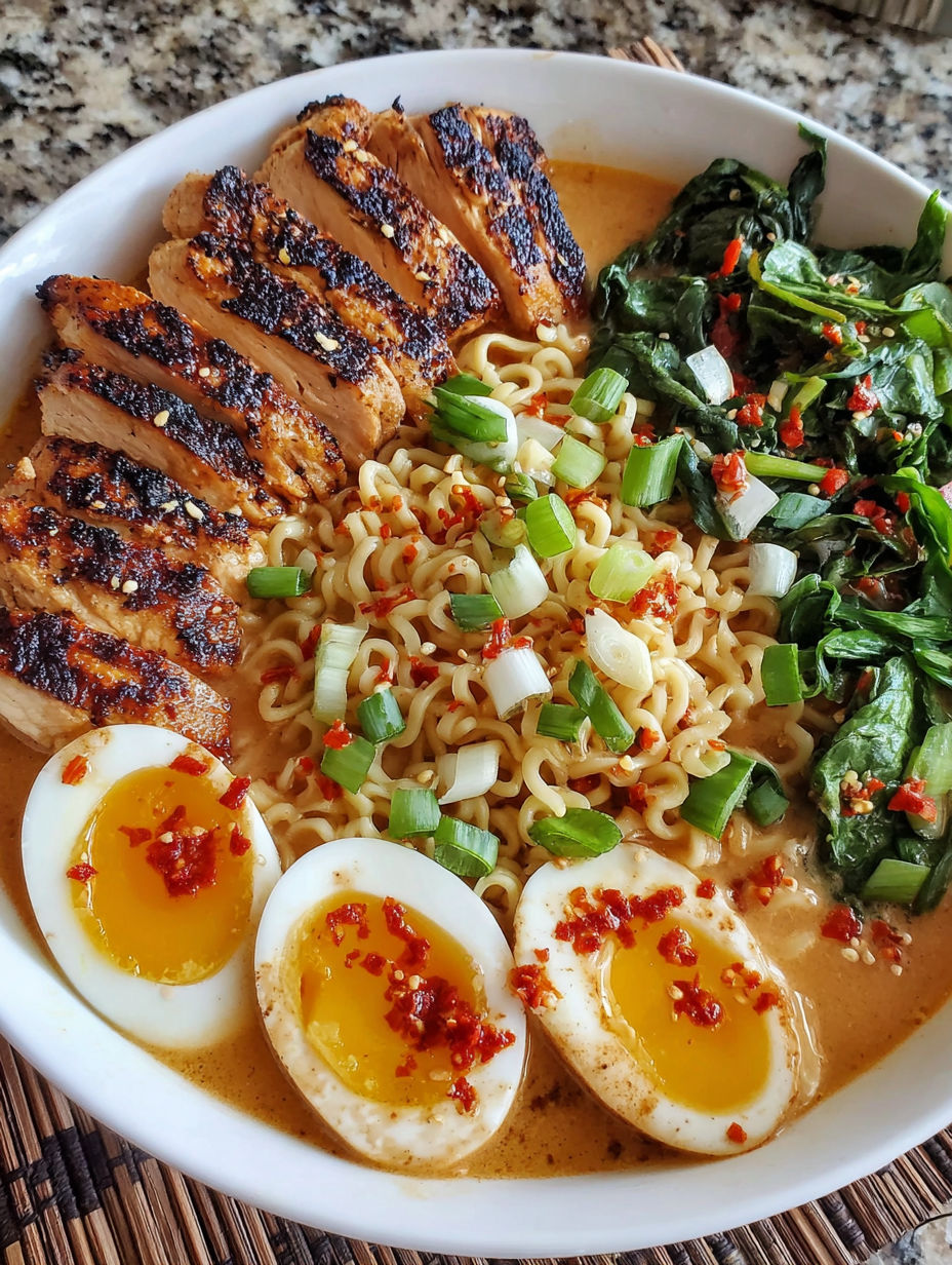 A bowl of ramen with chicken, noodles, and vegetables.