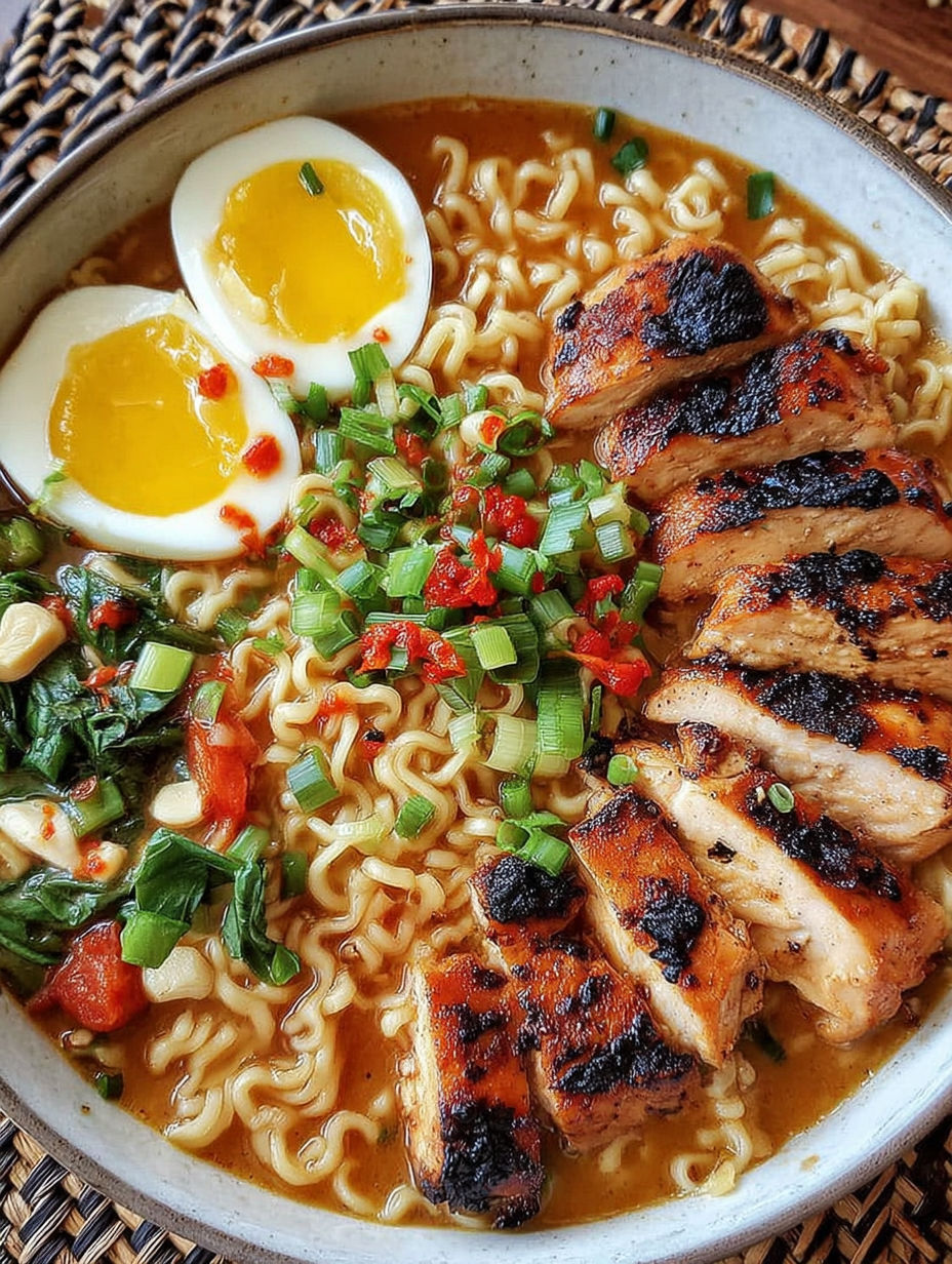 A bowl of noodles with eggs and meat in a spicy broth.