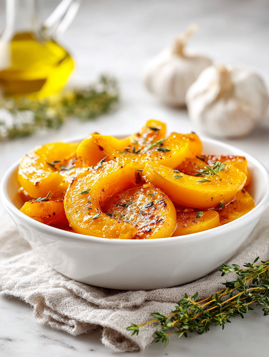 A bowl of roasted butternut squash with garlic-herb glaze.