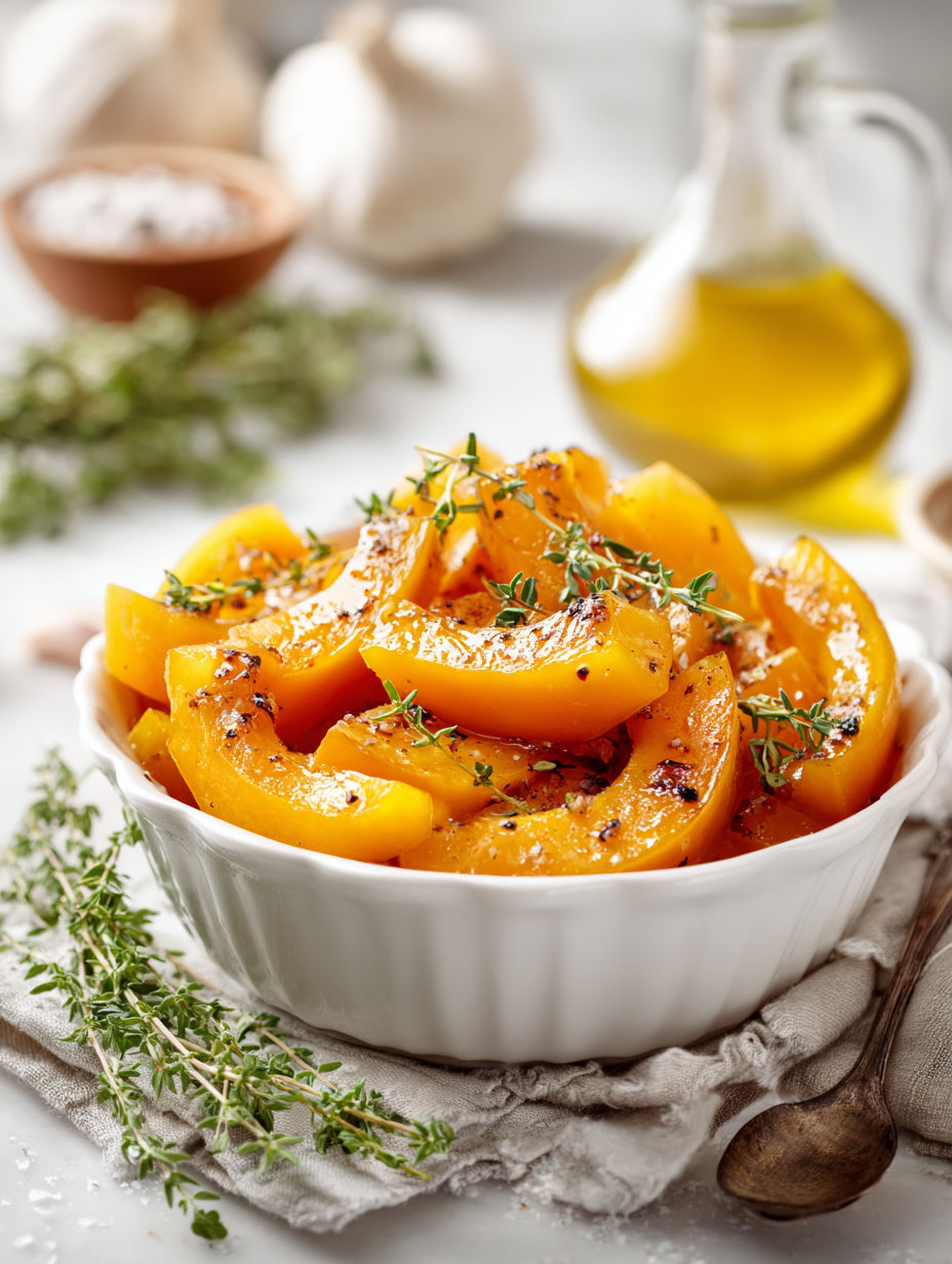 A bowl of roasted butternut squash with garlic-herb glaze.