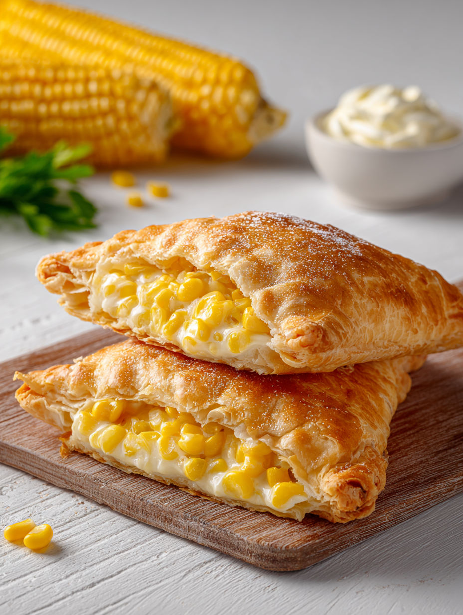 A corn pie with white sauce on top.