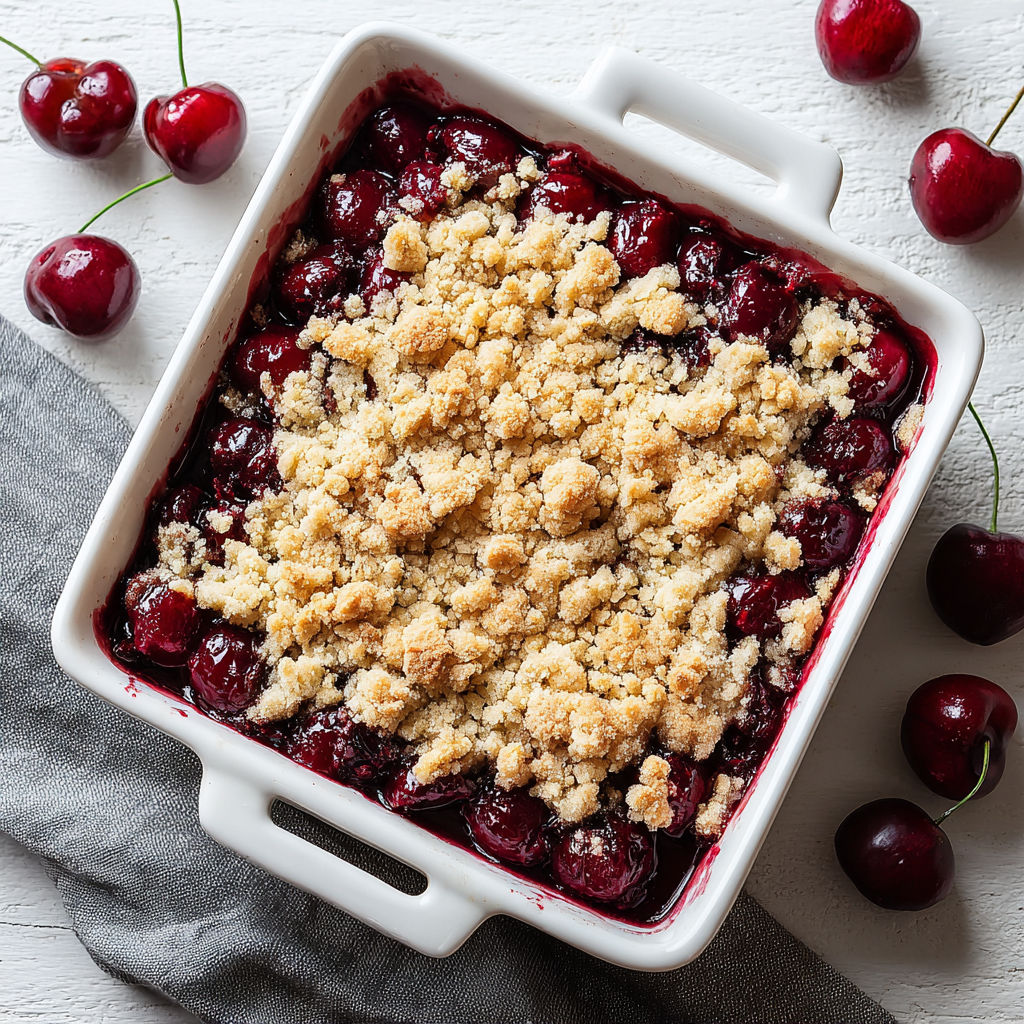 A white bowl filled with a cherry dessert.