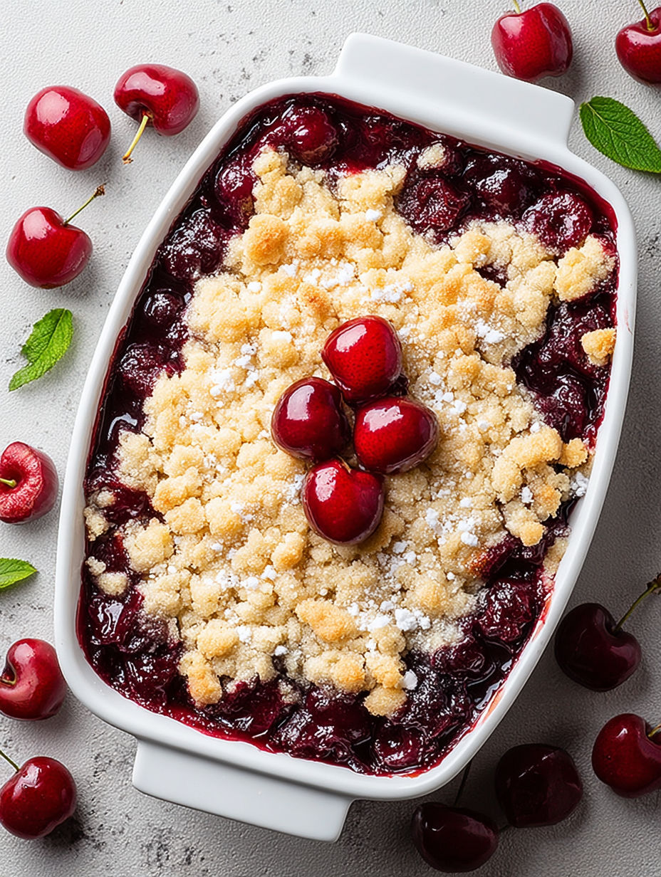 A bowl of cherry dump cake with cherries on top.