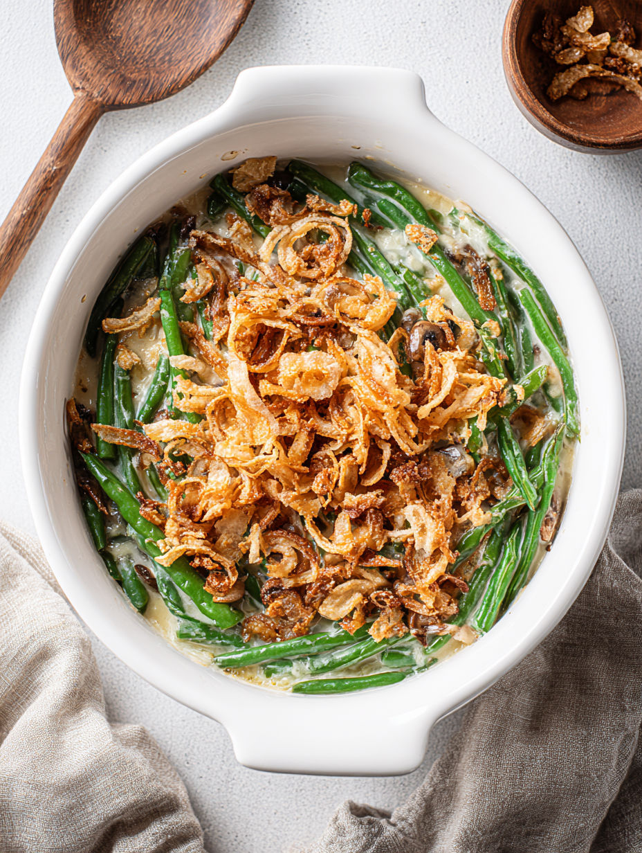 A white bowl filled with a green bean casserole.