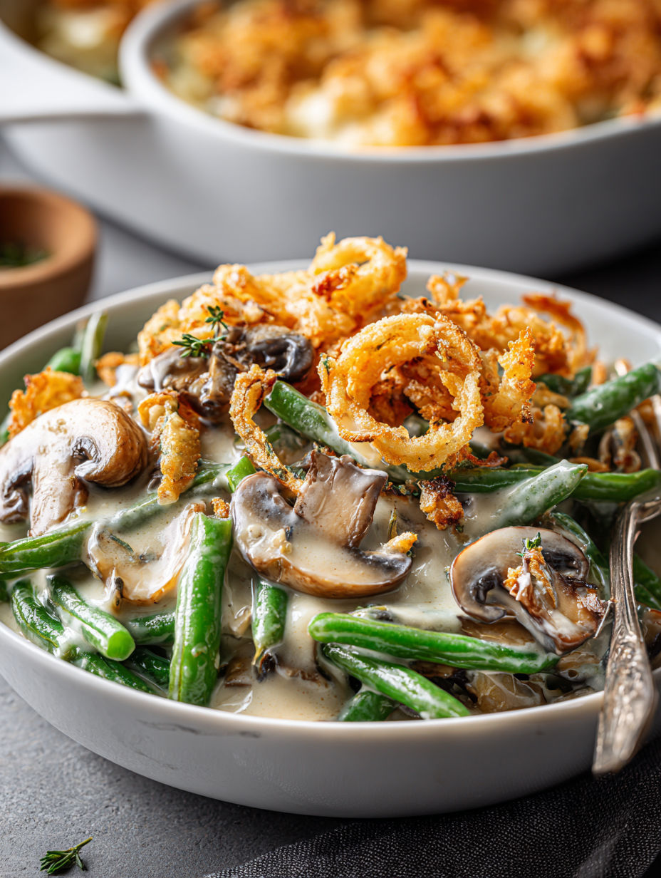 A plate of food with mushrooms and green beans.
