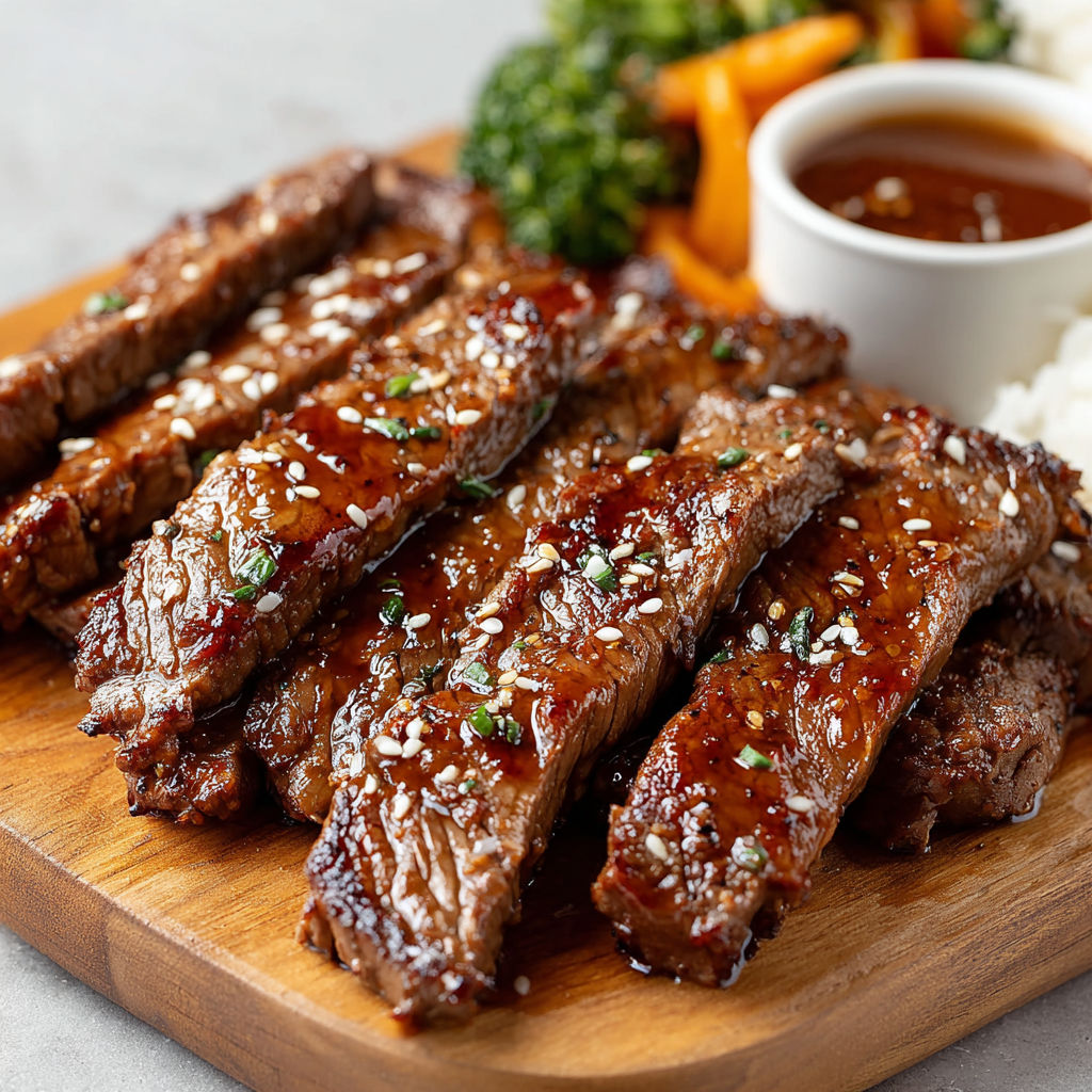 A plate of honey-glazed steak strips.