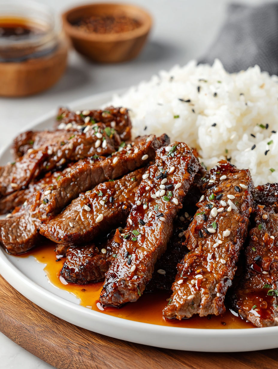 A plate of honey-glazed steak strips.