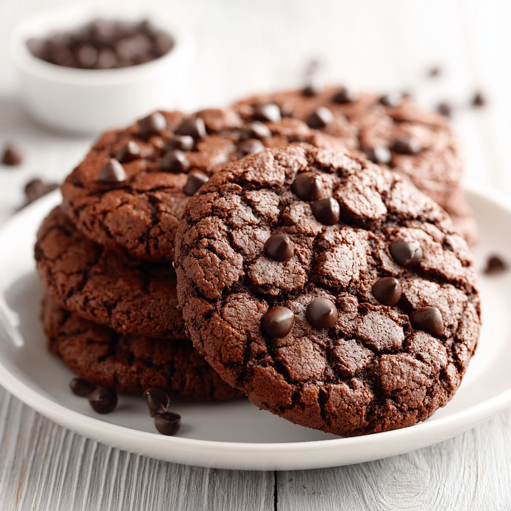 A plate of double chocolate chip cookies.
