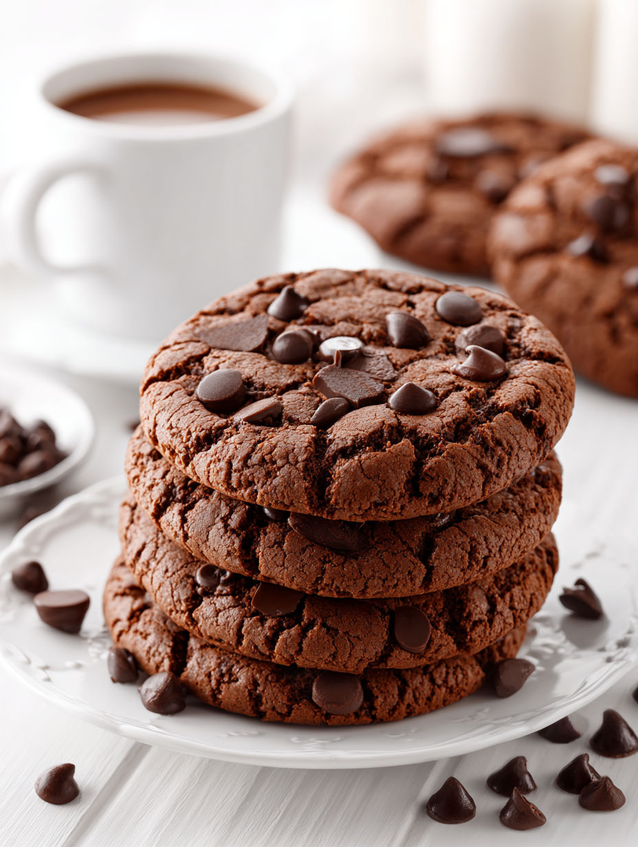 A stack of double chocolate chip cookies.