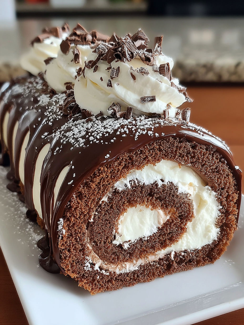 A chocolate cream swiss roll with white frosting.