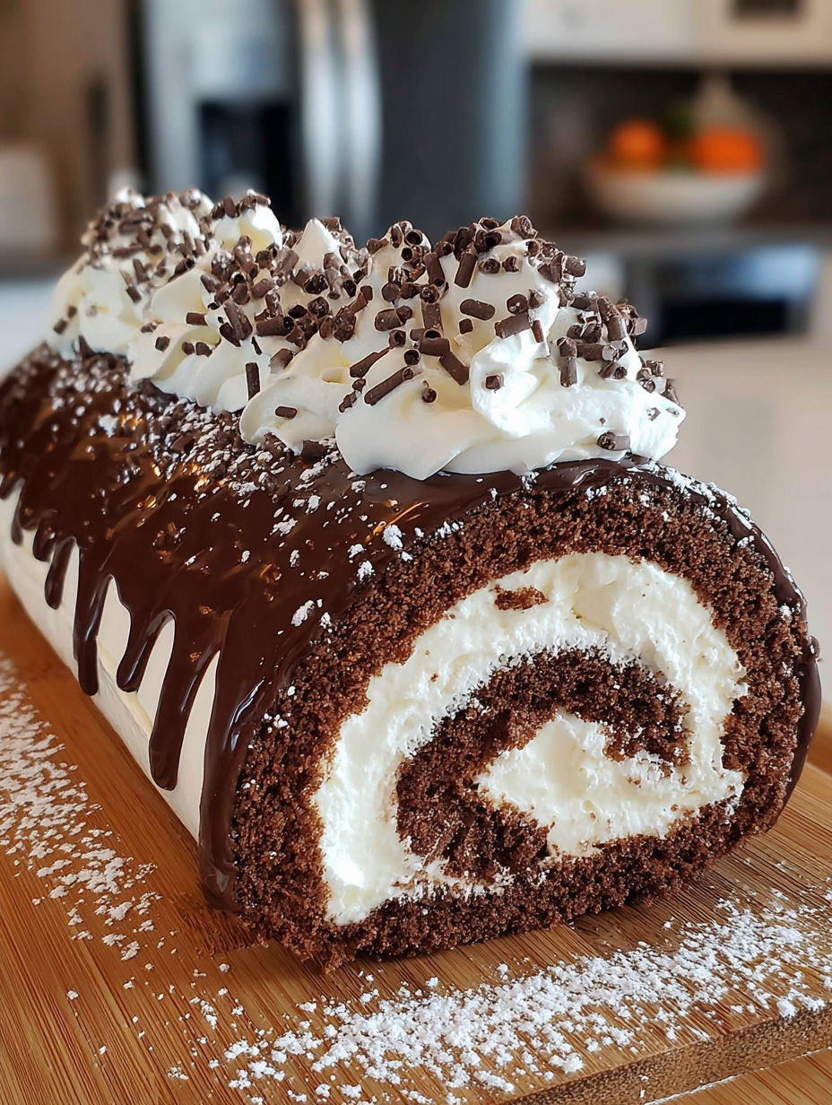A chocolate cream swiss roll with white icing.