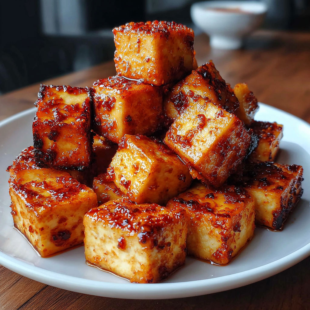 A plate of crispy tofu cubes.