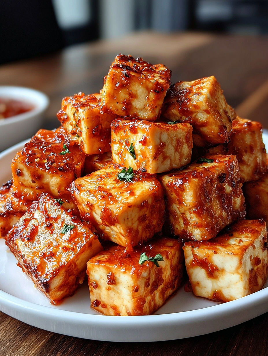 A plate of crispy tofu cubes.