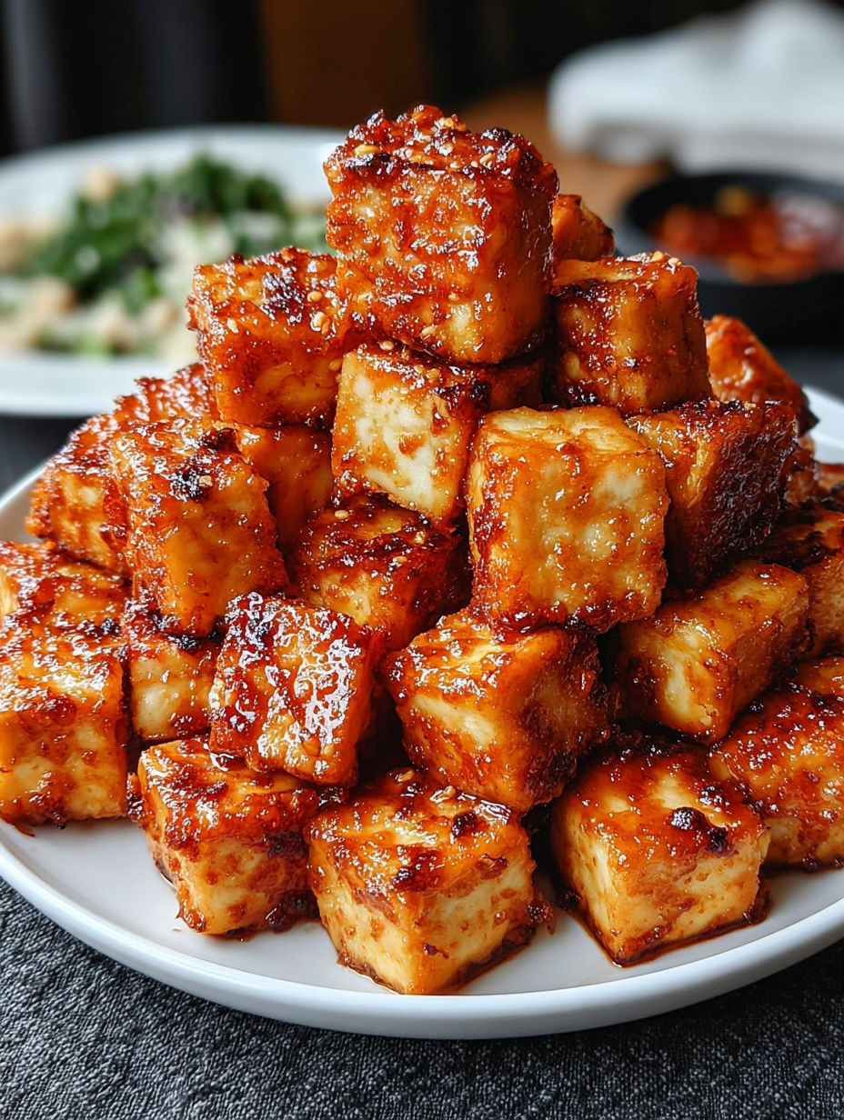 A plate of crispy tofu cubes.