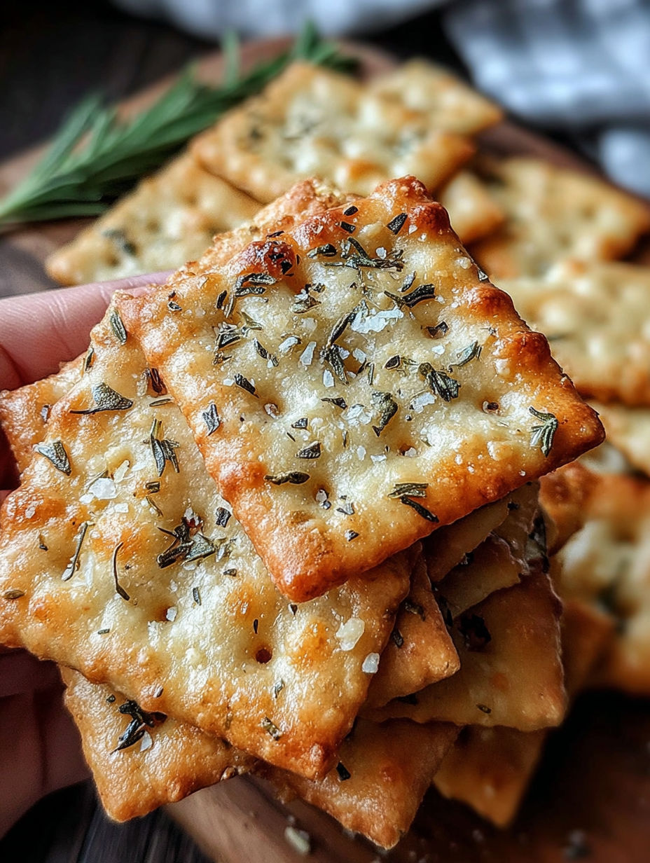 A stack of crispy sourdough crackers with garlic and herb flavors.