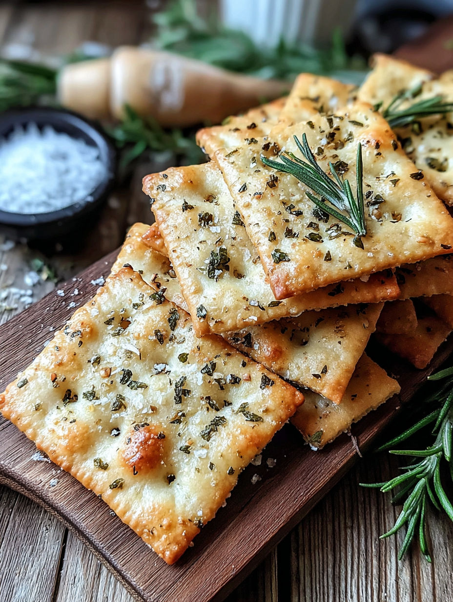 A stack of sourdough crackers with herbs on top.