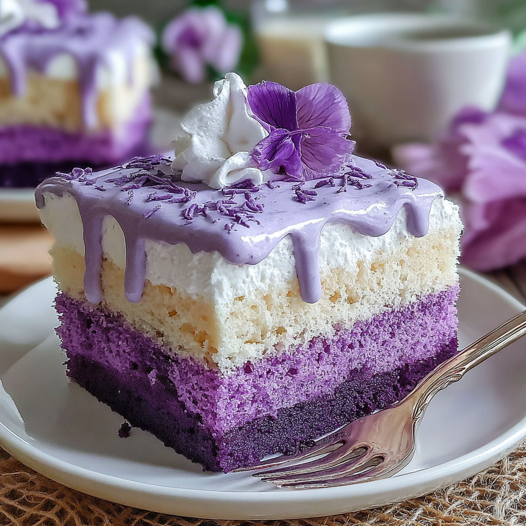 A slice of purple ube tres leches cake.