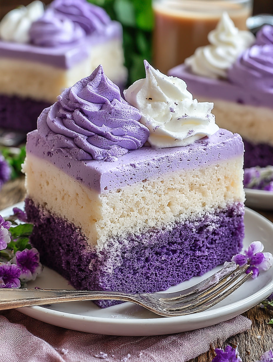 A slice of purple Ube Tres Leches Cake.